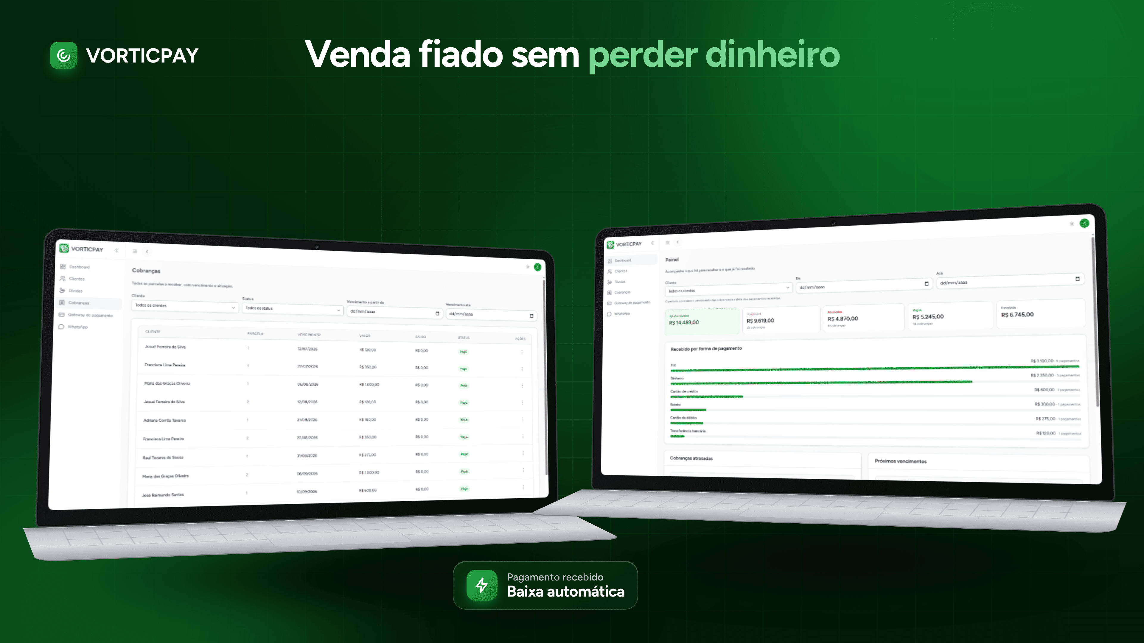 Painel e lista de cobranças do VorticPay em dois notebooks, com o aviso de baixa automática de pagamento